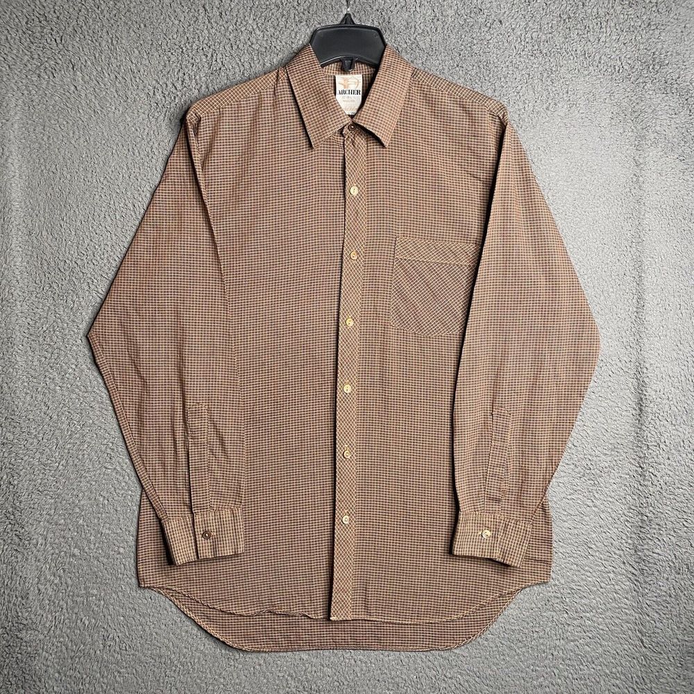 Vintage 80s Hill & Archer Shirt Men 16.5 Large Brown Plaid Long Sleeve Button